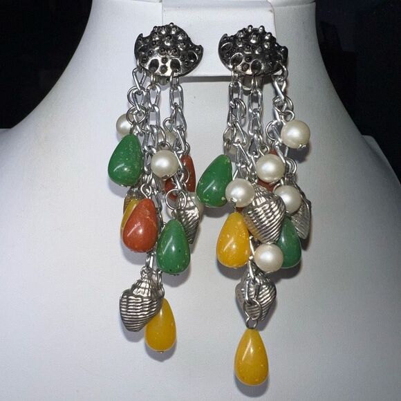 Vintage MCM Silver Tone and Beaded Cascade Clip Earrings - Picture 1 of 8